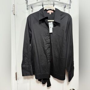 BLACK LABEL By CHICO'S Women’s L Tie Front Poplin‎ Shirt Blouse Black Button NWT